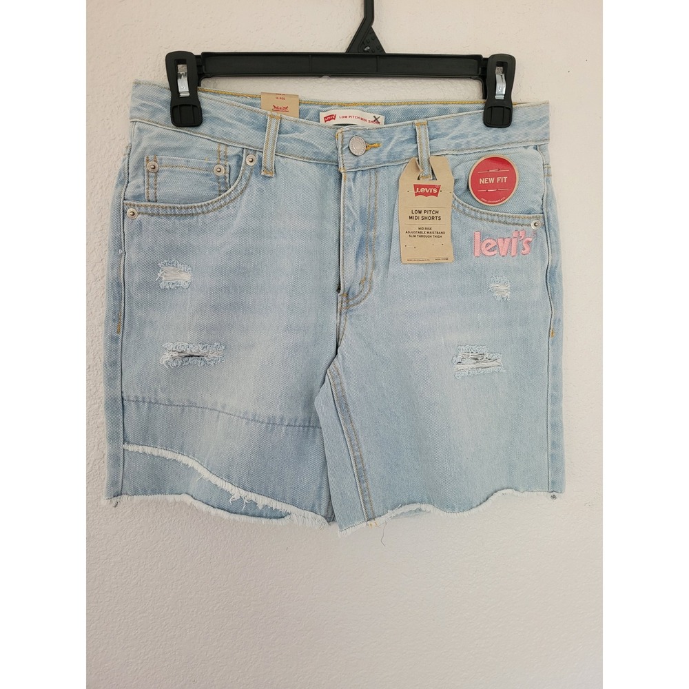 Levis Girls Low Pitch Midi Shorts Light Wash Distressed Denim Size 16 NEW #10